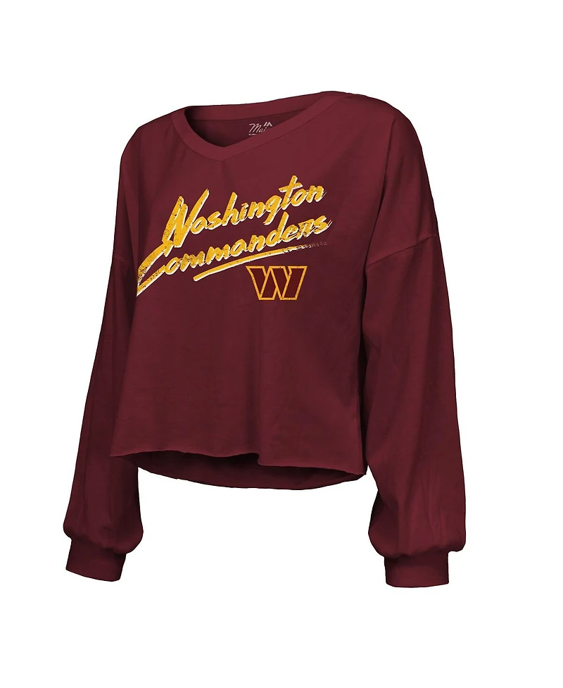 Majestic Women's Jayden Daniels Burgundy Washington Commanders Off-Shoulder Script Player Name Number Cropped Long Sleeve V-Neck T-Shirt