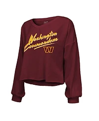 Majestic Women's Jayden Daniels Burgundy Washington Commanders Off-Shoulder Script Player Name Number Cropped Long Sleeve V-Neck T-Shirt