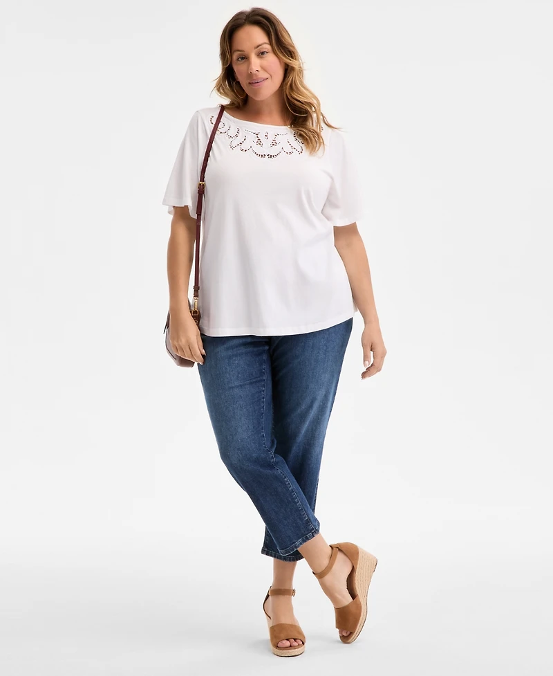 Style & Co Plus Size Eyelet-Yoke T-Shirt, Exclusively at Macy's