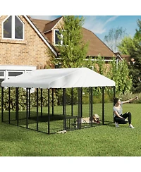 PawHut Outdoor Dog Kennel with Rotating & Adjustable Bowls, 9.8' x 9.8' x 6