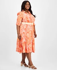 Tahari Asl Plus Size Printed Belted Midi Shirtdress
