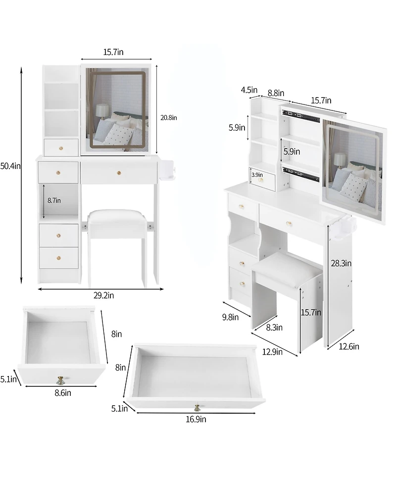 50.40"Small Size Left Drawer Desktop Vanity Table + Cushioned Stool, 2 Ac+2 Usb Power Station, Hair dryer bracket,White