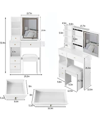 50.40"Small Size Left Drawer Desktop Vanity Table + Cushioned Stool, 2 Ac+2 Usb Power Station, Hair dryer bracket,White