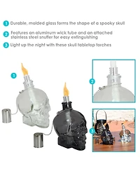 Grinning Skull Glass Tabletop Torches - Clear and Black