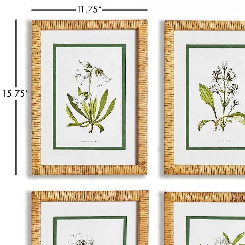 11.75" x 15.75" White Floral Flowers Decorative Study Wall Art Prints w/ Bamboo Wrapped Frame, Set of 4