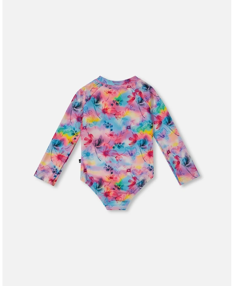 Deux par Deux Girl Printed Long Sleeve Rashguard Butterflies On Multicolored Background - Toddler|Child