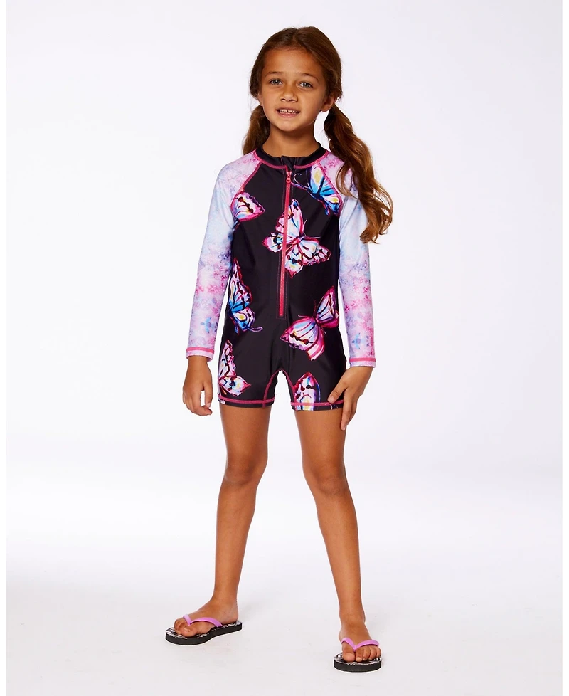 Deux par Deux Girls Printed Long Sleeve One-Piece Rashguard Black And Multicolored Butterflies