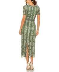 Mac Duggal Women's High Neck Short Sleeve Crystal Fringe Column Dress