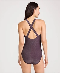 Lands' End Women's Chlorine Resistant Shine X-Back High Leg Soft Cup Tugless One Piece Swimsuit