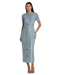 Mac Duggal Women's High Neck Short Sleeve Crystal Fringe Column Dress