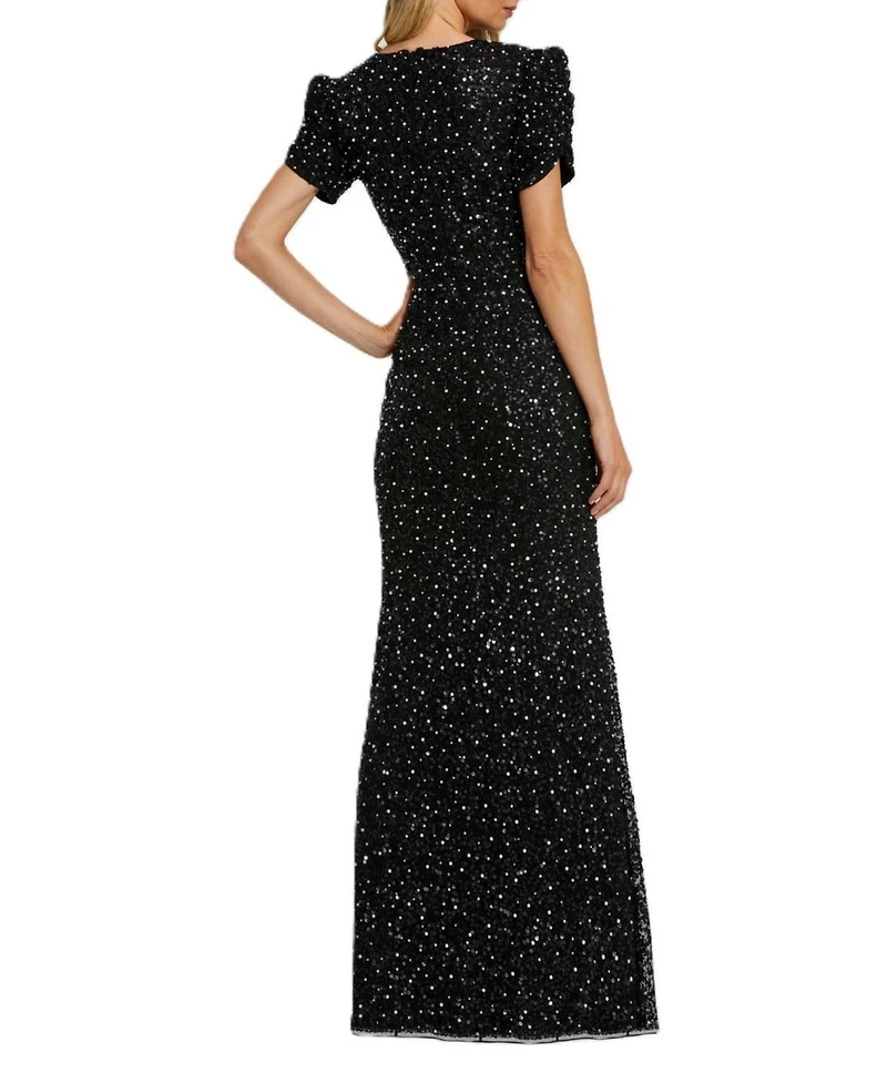Mac Duggal Women's Gathered Short Sleeve Beaded Gown