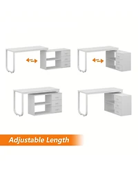 Famapy 55.1 in. L-Shaped Brown Wood Computer Desk Writing Office Executive W/Removable Tabletop, Shelves, 3-Drawers