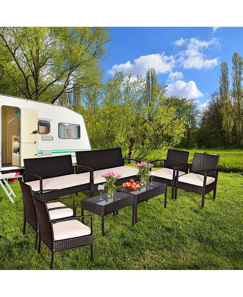 8PCS Patio Rattan Conversation Furniture Set Cushioned Seat Glass Table