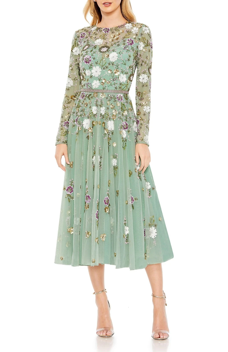 Mac Duggal Women's Sequined Floral Long Sleeve High Neck Midi Dress