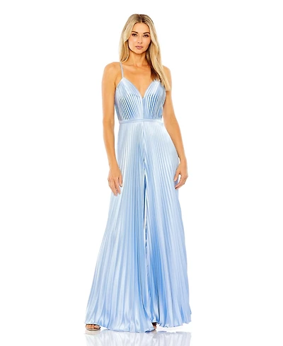 Mac Duggal Women's Pleated Plunge Neck Wide Leg Jumpsuit
