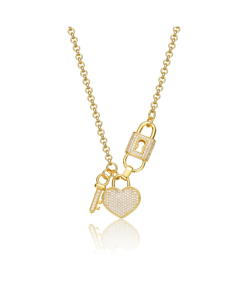 Sterling Silver 14K Gold Plated with Clear Cubic Zirconia Heart & Padlock Charm Necklace