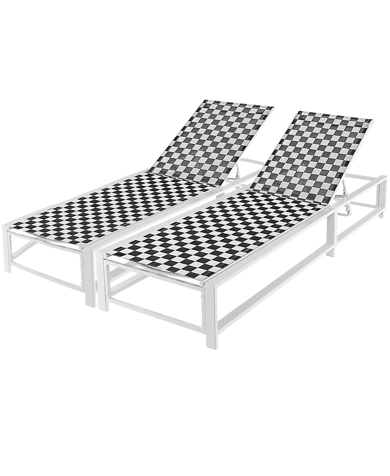2PCS Patio Lounge Chair Chaise Adjustable Reclining Chair Garden Wheel