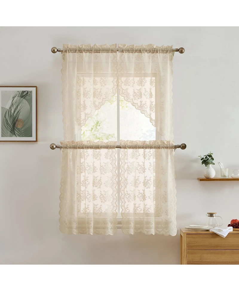 Hlc.me Jolene Floral Rod Pocket Lace Semi Sheer Voile Short Valance for Small Windows, Kitchen & Bathroom