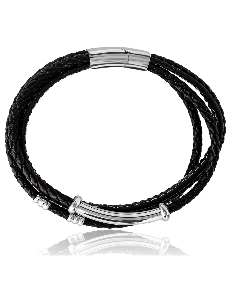 Lucky Brand Stainless Steel Triple Row Black Cord Bracelet - 8.25"