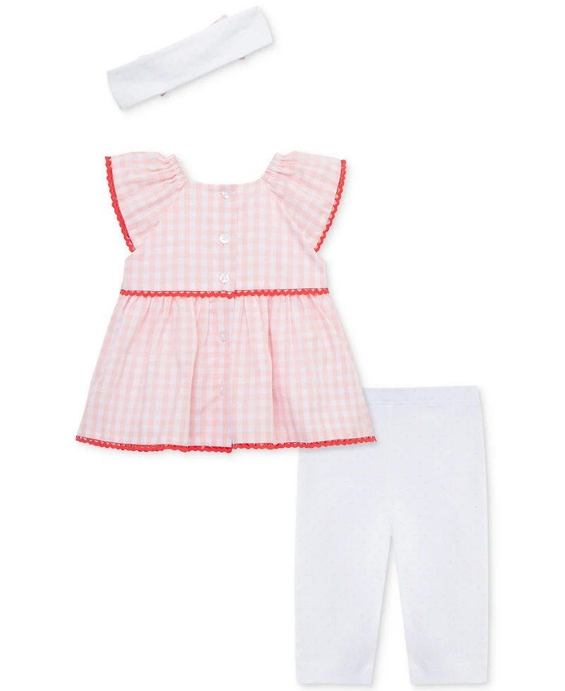 Little Me Baby Girls 3-Pc. Strawberry Check Top, Leggings & Headband Set