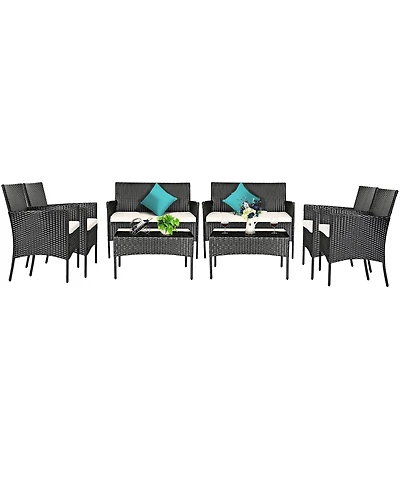 8PCS Patio Rattan Furniture Set Cushioned Sofa Coffee Table Backyard Porch Red