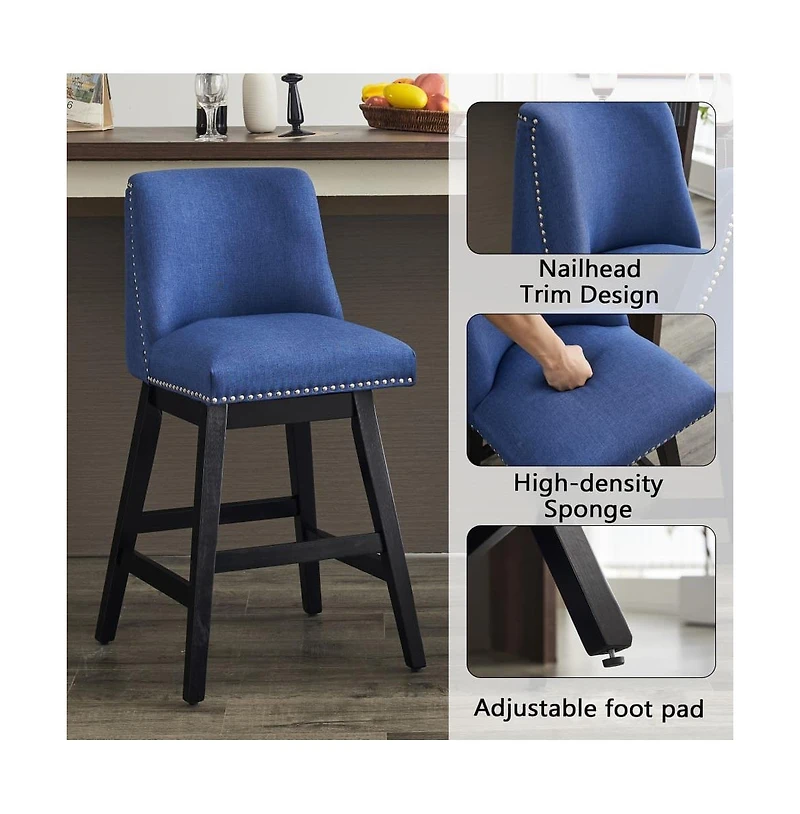 26" Upholstered Swivel Bar Stools Set of 2, Modern Linen Fabric Counter Stools-The Pop Home