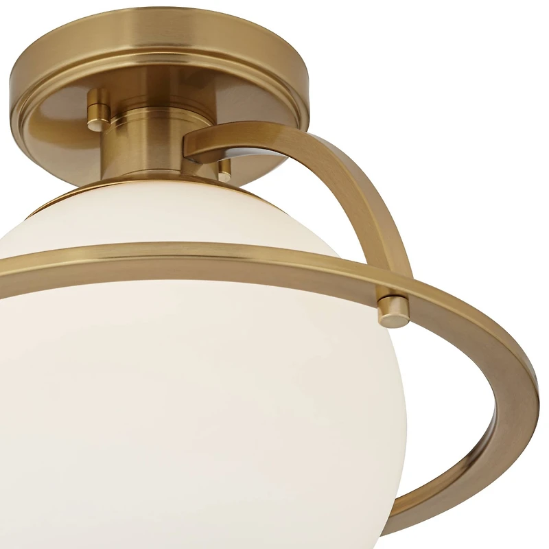 Oblys 12" Modern Semi Flush-Mount Mini Ceiling Light Fixture Kitchen Foyer Hallway Round Globe Warm Brass Finish White Glass Metal Bedroom Bathro