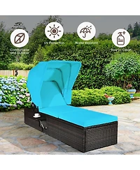 2PCS Patio Rattan Lounge Chair Chaise Cushioned Top Canopy Adjustable