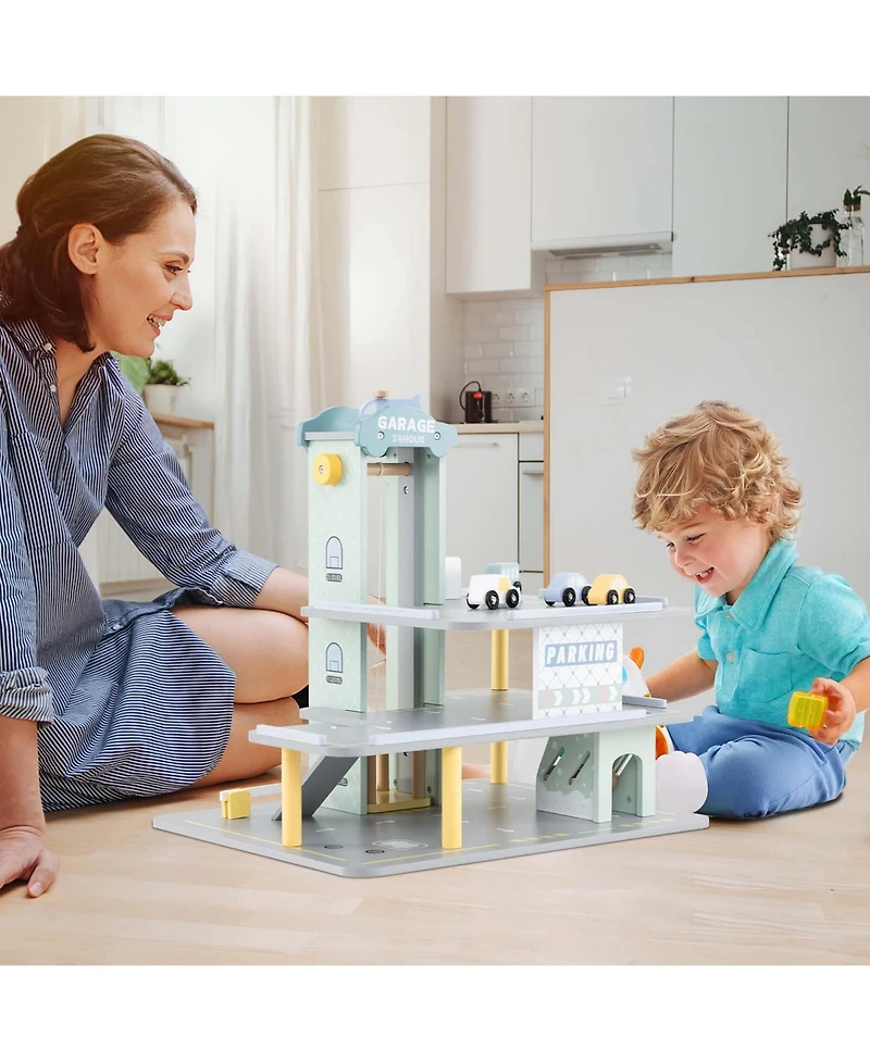 3-Tier Wooden Garage Playset with Working Elevator Helipad Ramp Car Wash Center