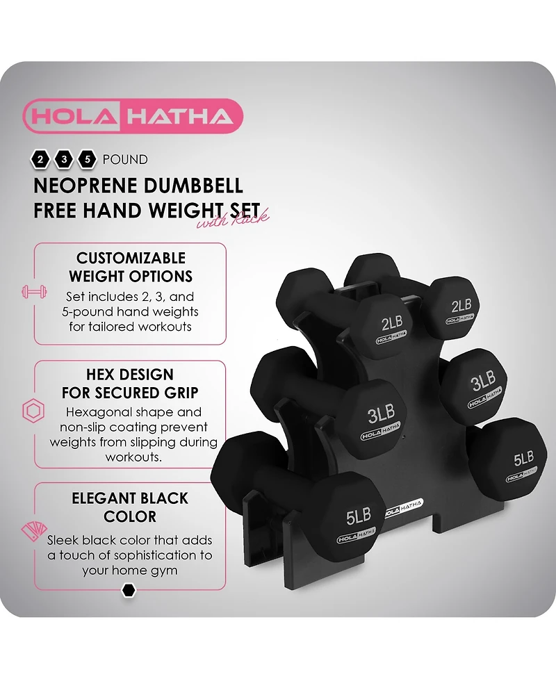 HolaHatha 2, 3, and 5 Pound Neoprene Dumbbell Free Hand Weight Set w/Rack, Black