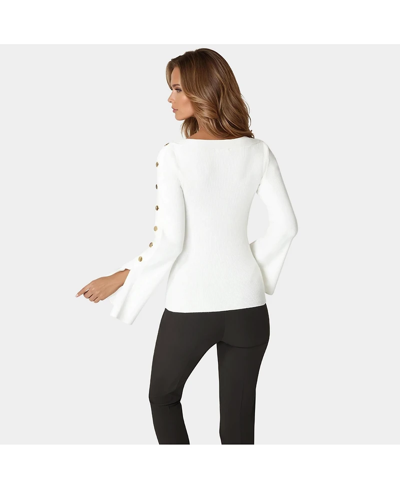 Bebe Women's Off Shoulder Bateau Snapped Slit Sweater