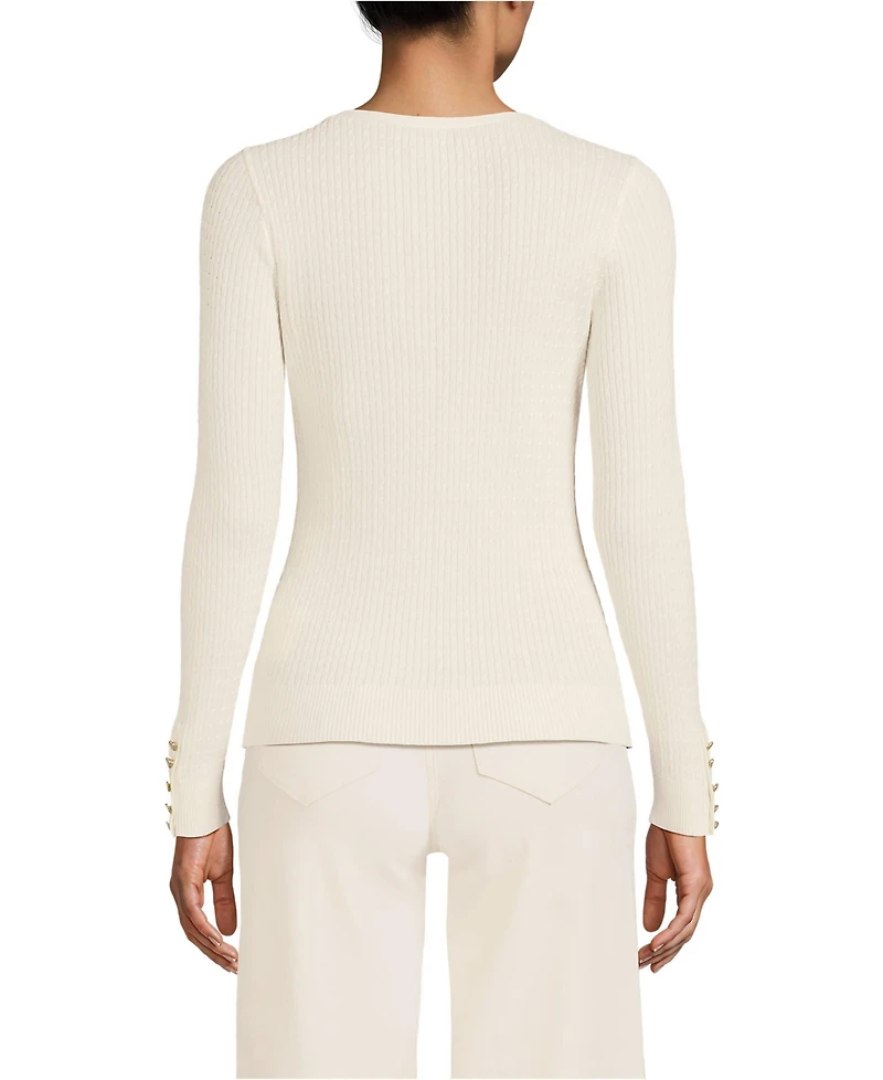 Lands' End Women's Fine Gauge Cotton Baby Cable Vneck Sweater