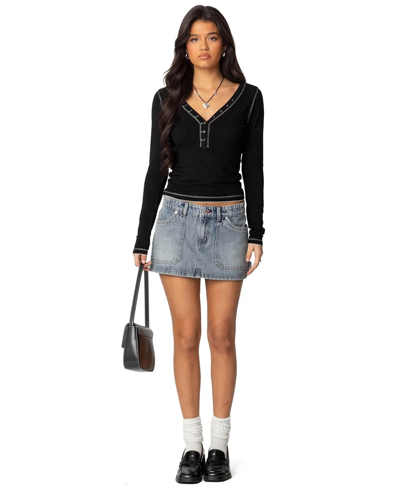 Edikted Womens Yael Contrast Stitch Henley Top