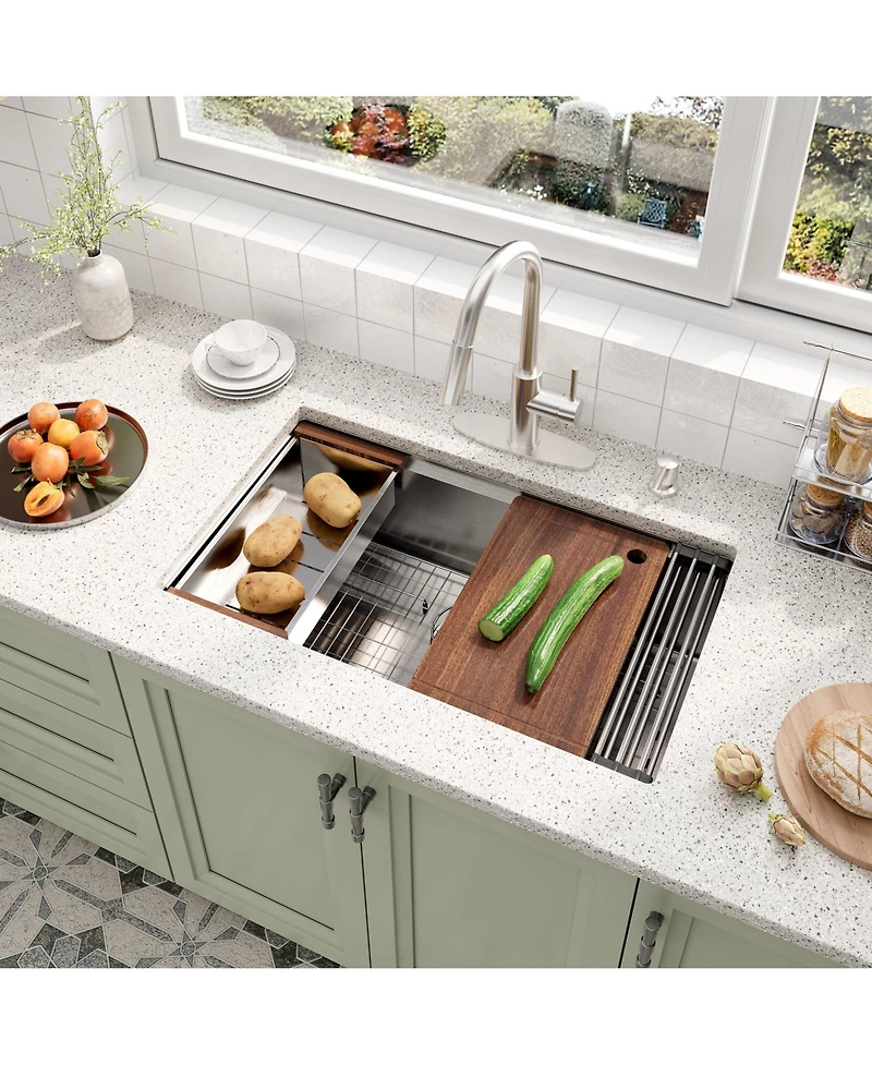 32'' Stainless Steel Kitchen Sink Faucet Set, and Pull-Down with Cutting Board, Roller Blind, Drain Basket, Grid