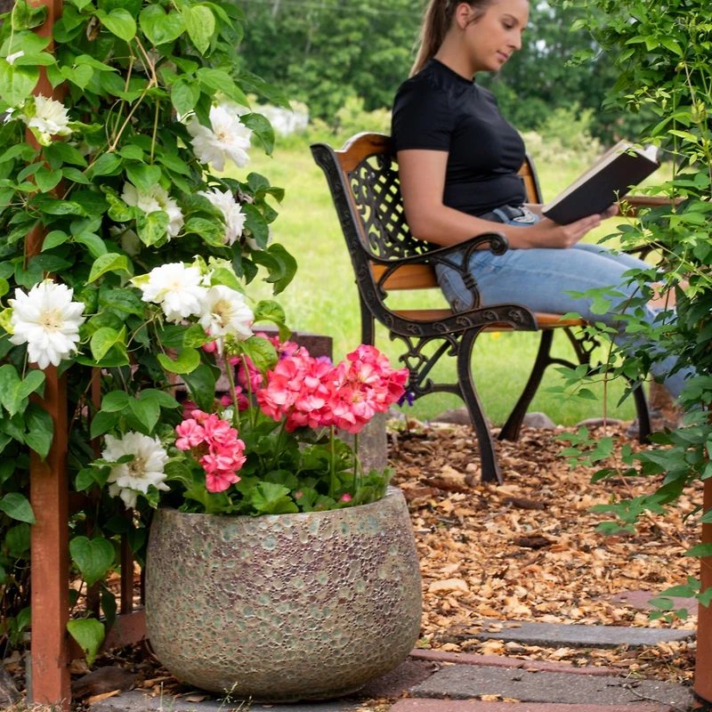 Round Lava Finish Ceramic Planter - Green Distressed Ceramic - 14" Round
