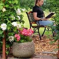 Round Lava Finish Ceramic Planter - Green Distressed Ceramic - 14" Round