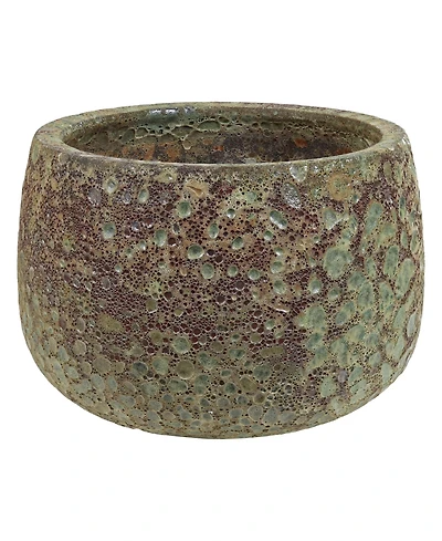 Round Lava Finish Ceramic Planter - Green Distressed Ceramic - 14" Round