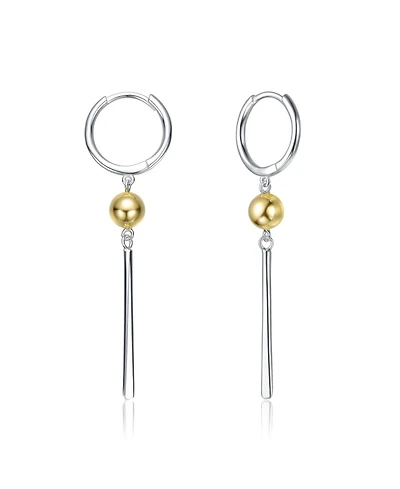 Sterling Silver Two-Tone with 14K Gold Plated Sphere and Sleek White Gold Plated Bars Drop Earrings