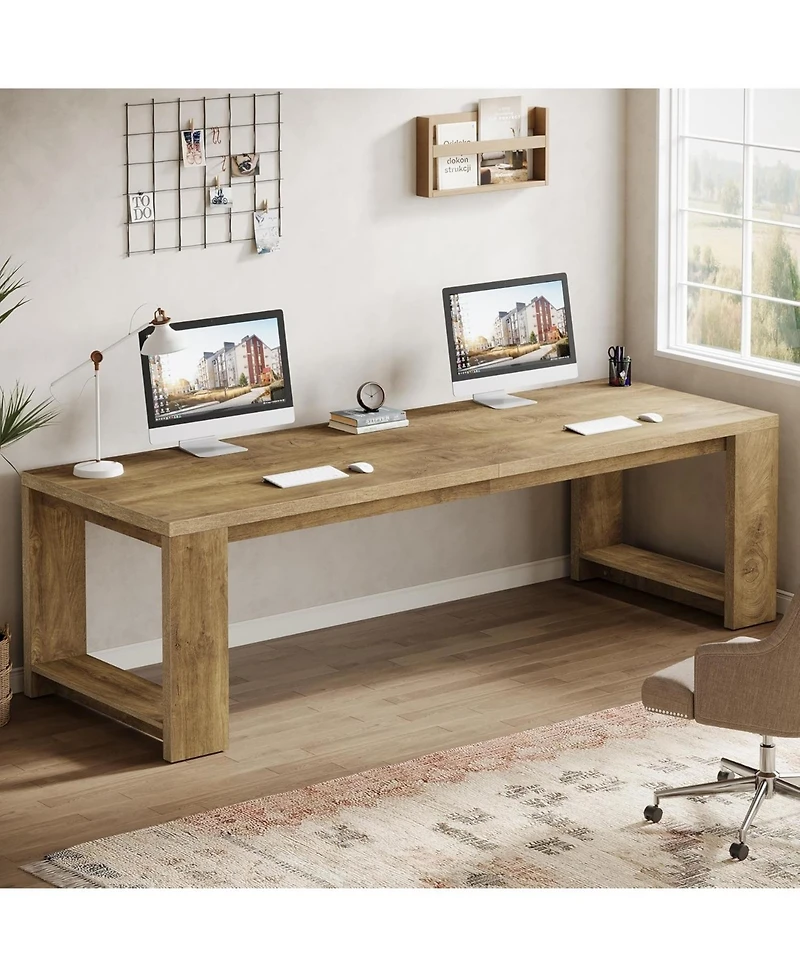 Tribesigns 2 Person Desk, 86.6 Inches Extra Long Desk, Double Computer Writing Table, All Wood Large Desks Workstation for Home Office, Natural Oak