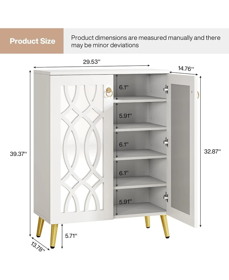 Tribesigns Mirrored Shoe Cabinet, 5-Tier White Modern Shoe Organizer Cabinet with Doors, Wooden Freestanding 25-Pair Shoe Rack Closet Storage Cabinet