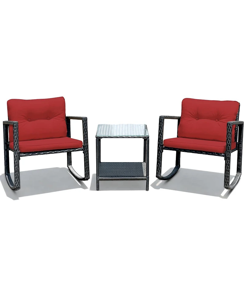 Gymax 3PCS Rattan Rocking Chair Table Set Patio Furniture Set with Cushions