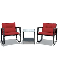 Gymax 3PCS Rattan Rocking Chair Table Set Patio Furniture Set with Cushions