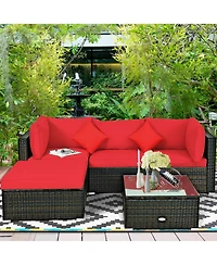 Gymax 5PCS Rattan Sectional Sofa Set Patio Furniture Set w/ Red Cushion Pillow