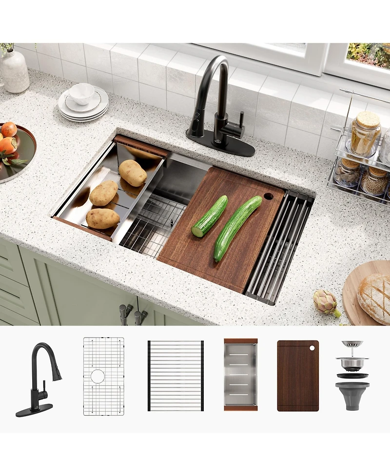 30'' Stainless Steel Kitchen Sink Faucet Sets, Kitchen Sink Single Bowl with Cutting Board, Roller Blind, Drain Basket, Drain Grid and Drainer