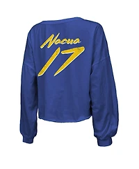 Majestic Threads Women's Puka Nacua Royal Los Angeles Rams Off-Shoulder Script Player Name Number Cropped Long Sleeve V-Neck T-Shirt