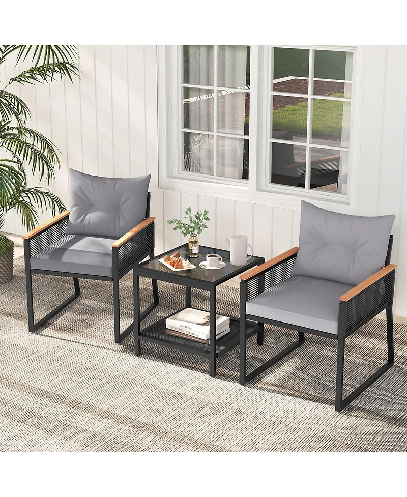 Gymax 3 Pcs Patio Furniture Set Pe Rattan Wicker Chairs w/ 2 Tier Coffee Table Soft Back