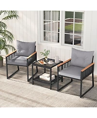 Gymax 3 Pcs Patio Furniture Set Pe Rattan Wicker Chairs w/ 2 Tier Coffee Table Soft Back
