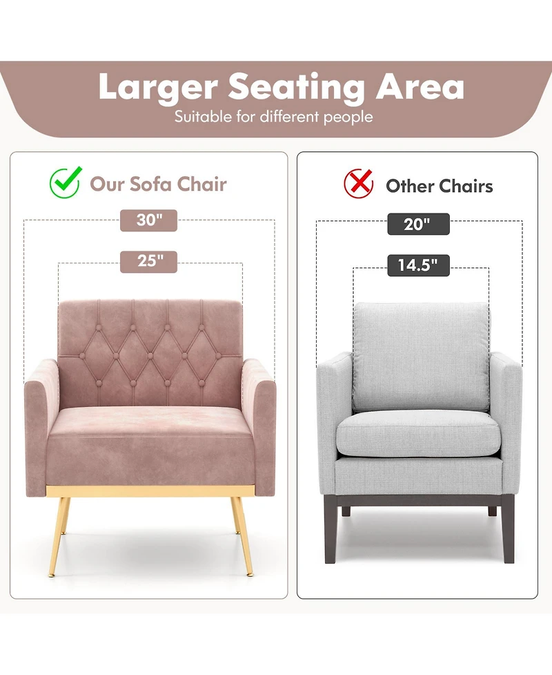 Modern Velvet Accent Chair with Button Tufted Back Metal Legs and Adjustable Foot Pads