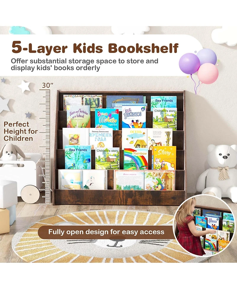5 Tier Kids Bookshelf with Anti-Tipping Device Kids-friendly Height for Bedroom