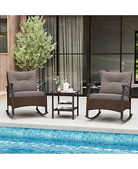3 Pcs Patio Rocker Set with 2-Tier Coffee Table & Soft Seat Back Cushions Outdoor